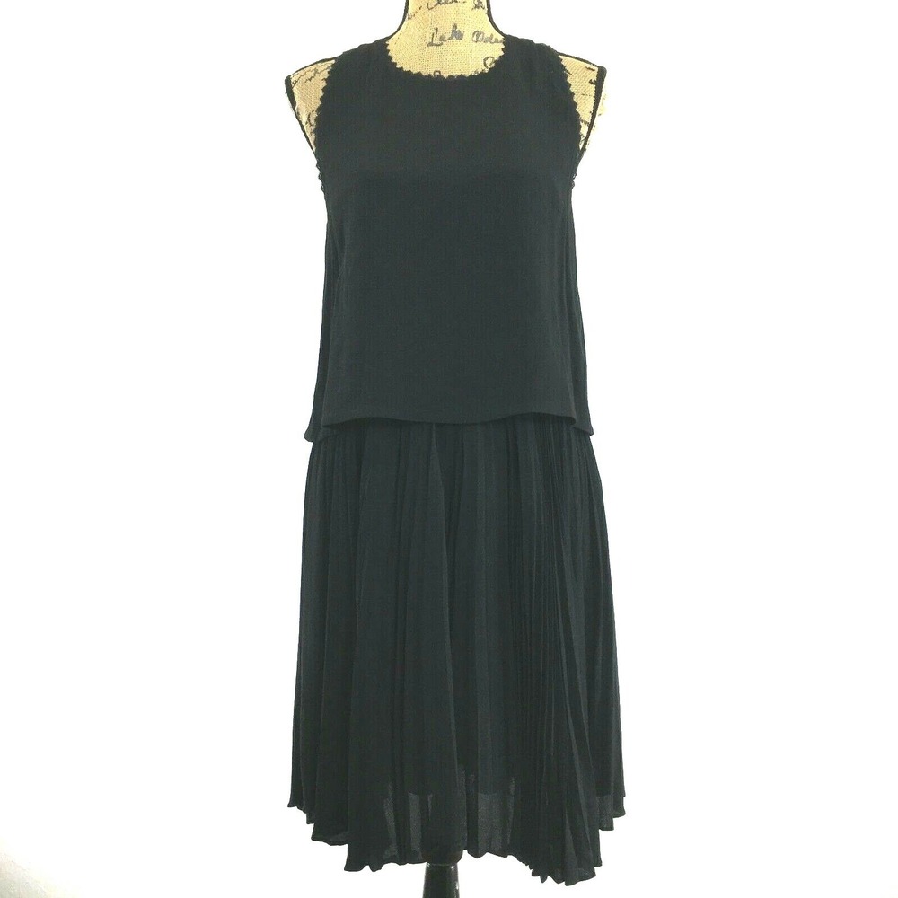 Rebecca Taylor Dress 4 Black Swing A Line Pleat Tier Top Embroider Trim Career